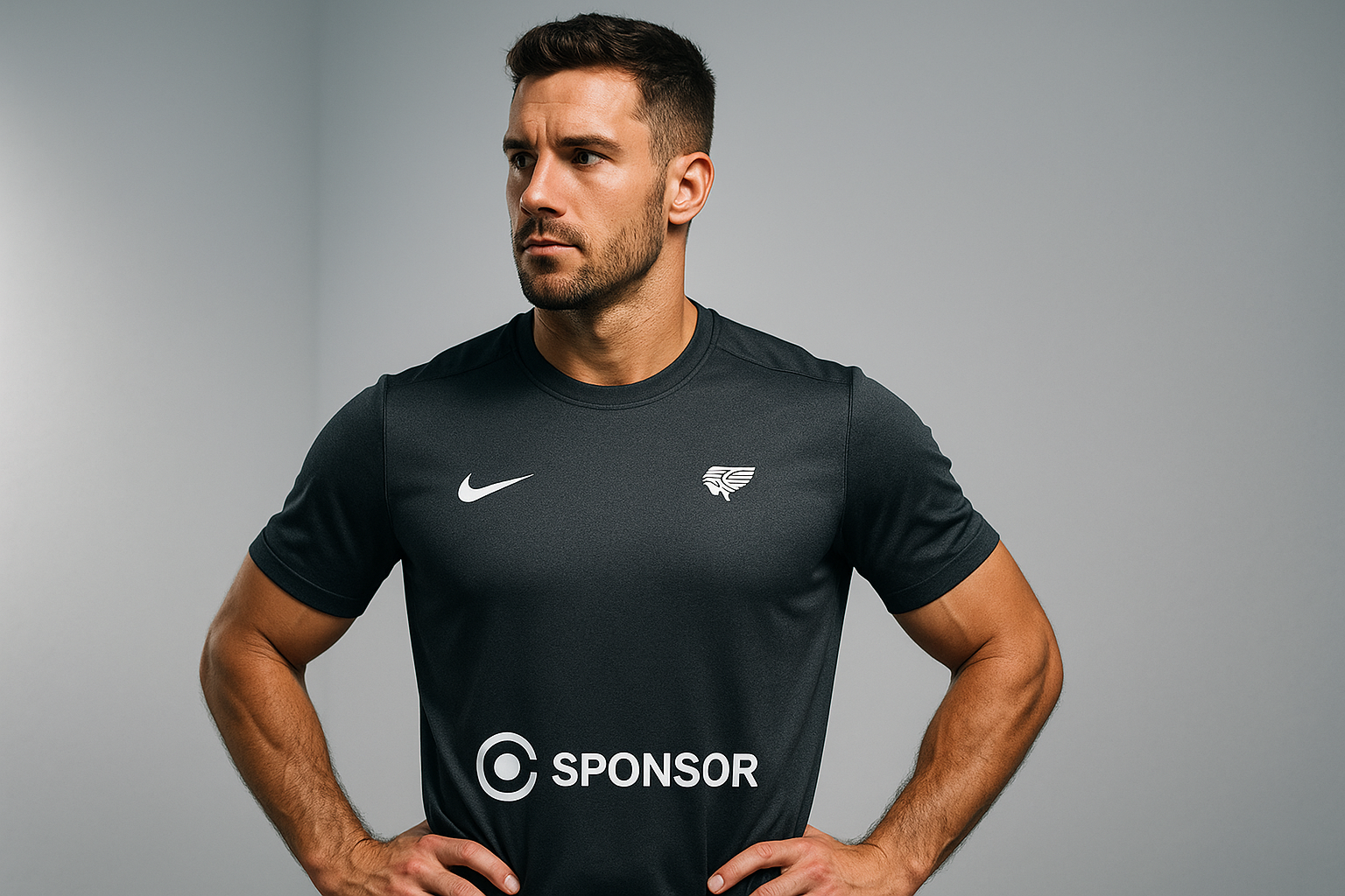 Man wearing a black custom sports team jersey with logos on a grey background
