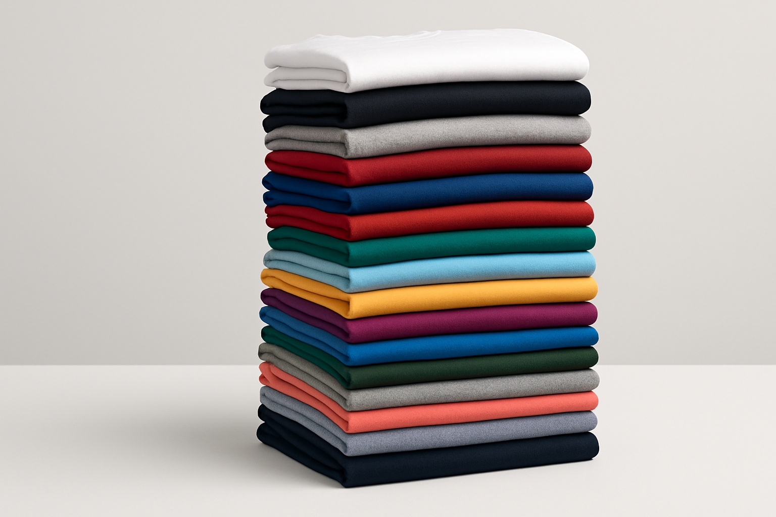 Stack of folded t-shirts in various colours on a light grey background