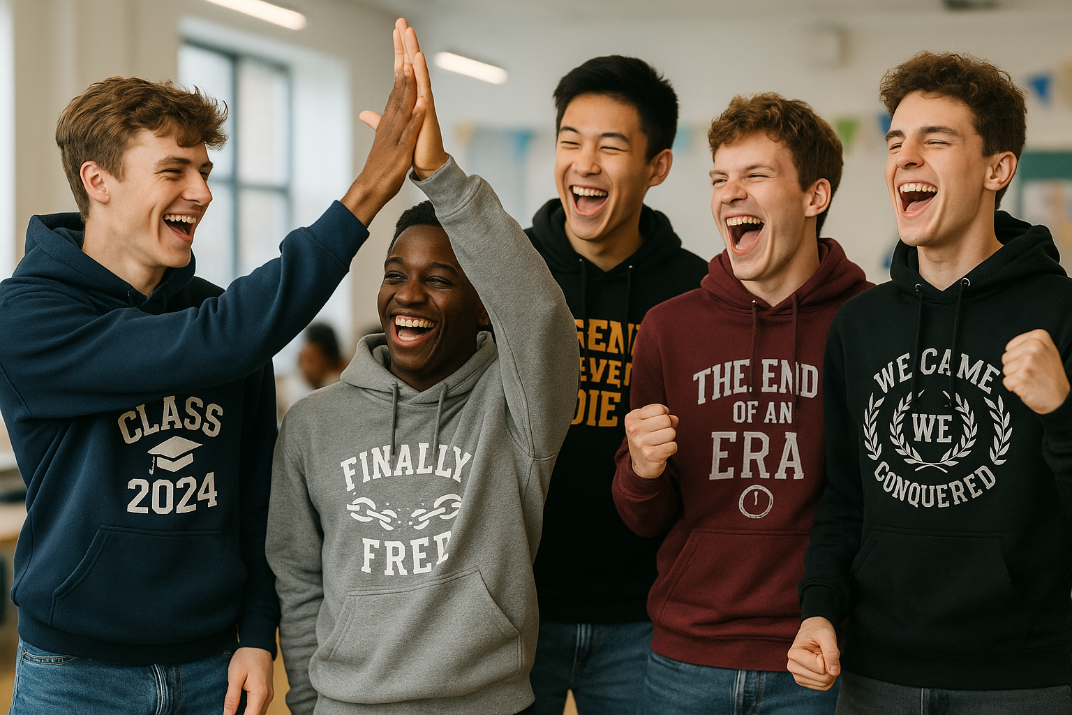 Five young men wearing graduation-themed hoodies are celebrating together.