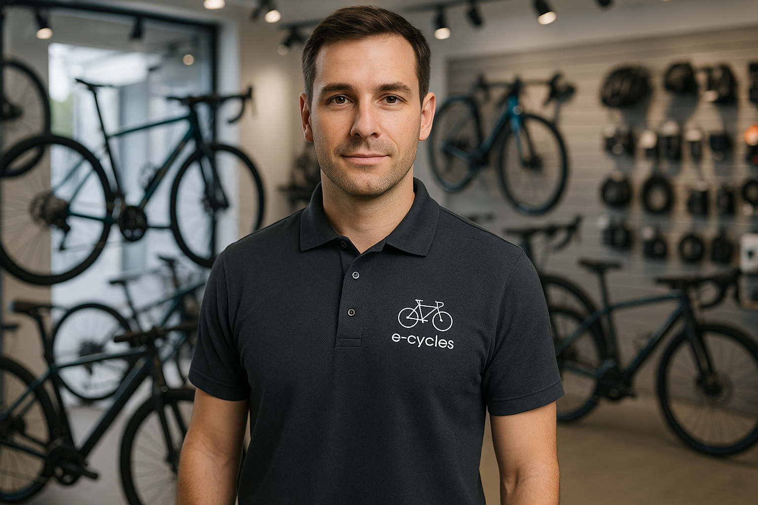 Shop owner bike shop wearing custom polo shirt charcoal with white e-cycles embroidered logo left chest