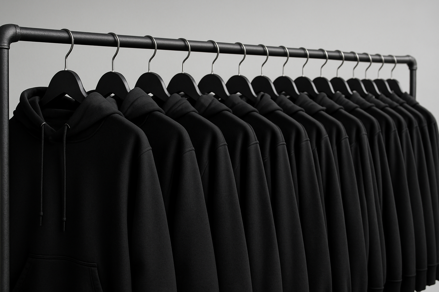 Row of black bulk custom hoodies on a rack against a grey background