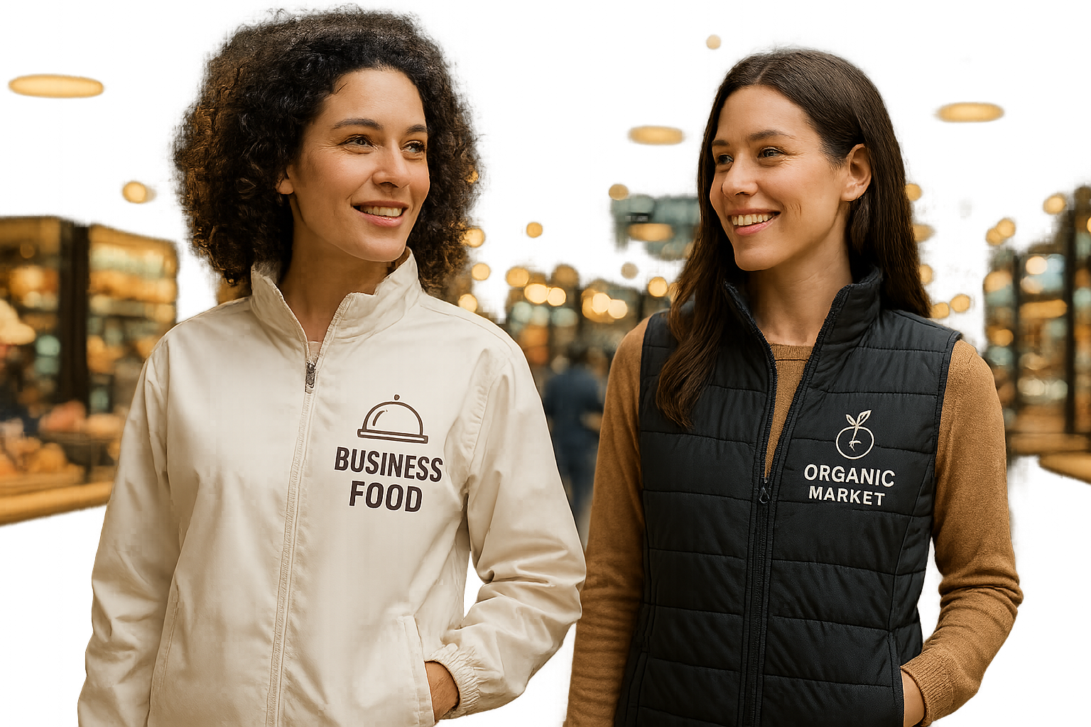 two women wearing custom work jackets with food logos smiling