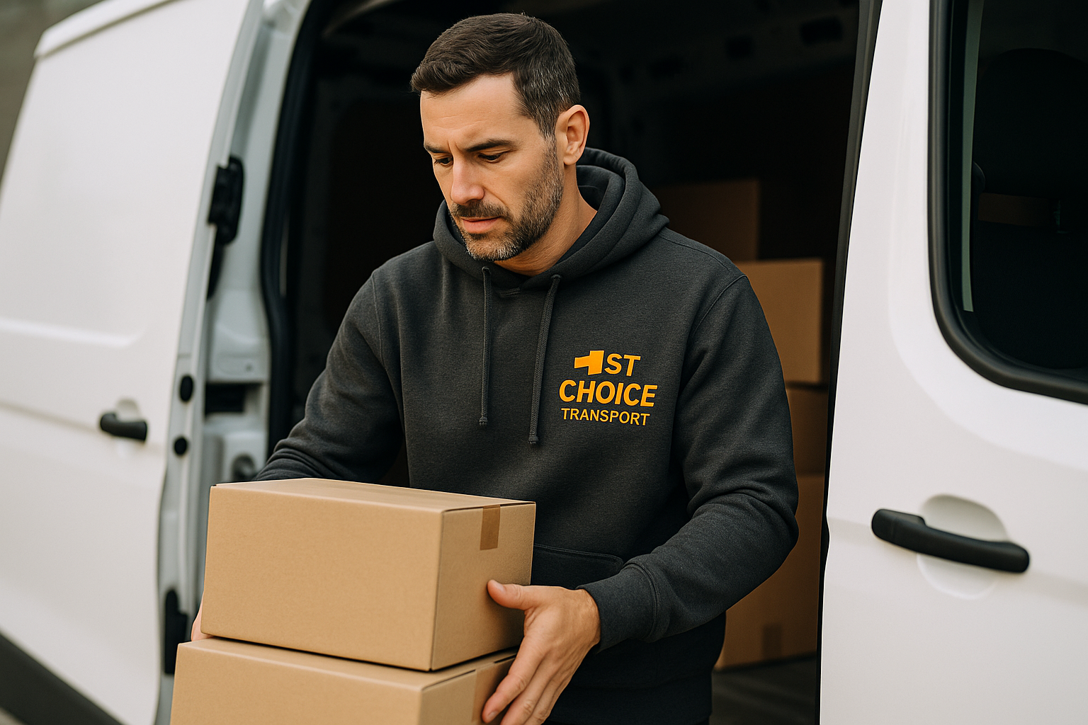 Man in a black custom hoodie with '1st Choice Transport' logo holding cardboard boxes in front of a white van.