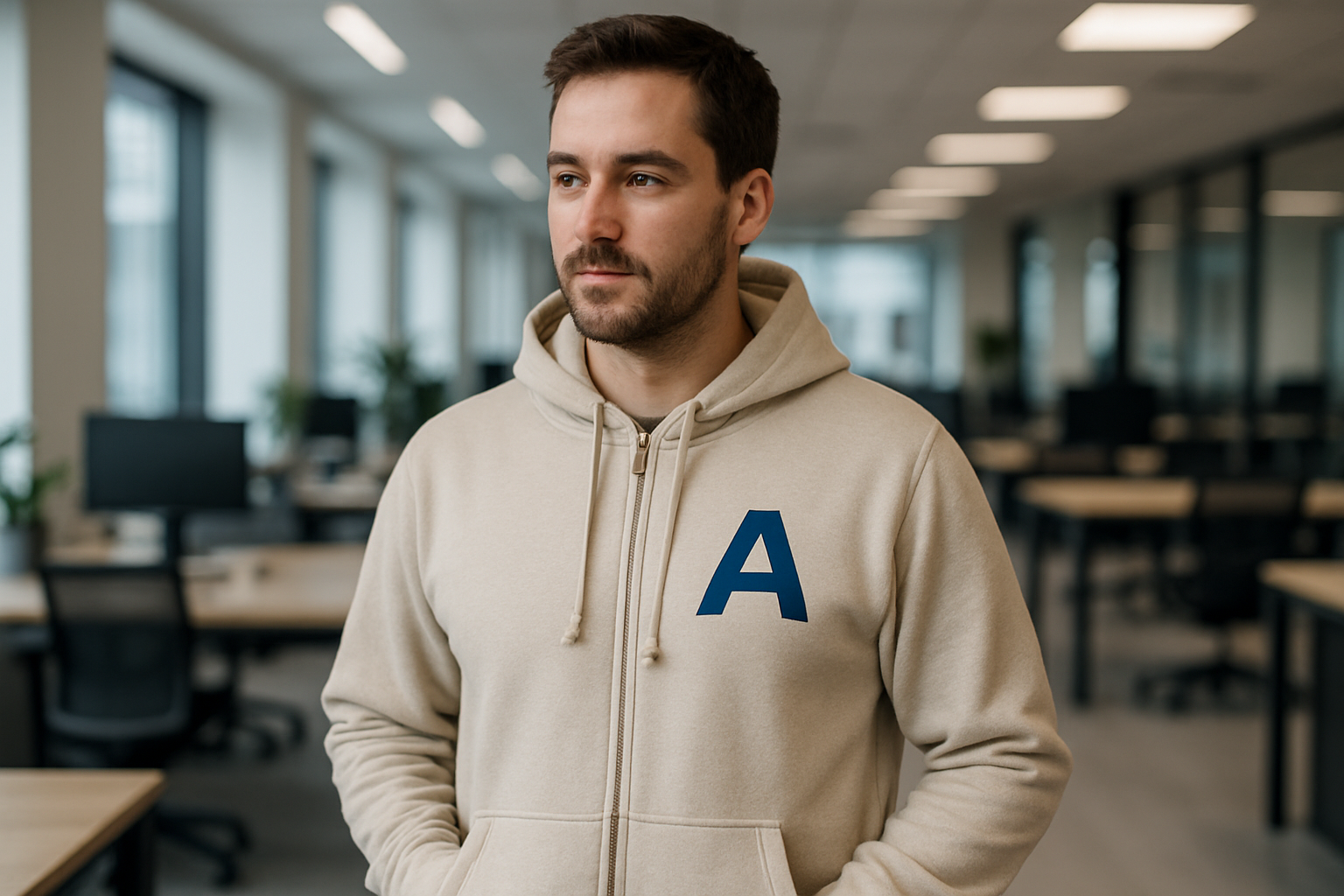 Man wearing a beige zip up custom hoodie with a blue letter 'A' left chest logo in an office setting