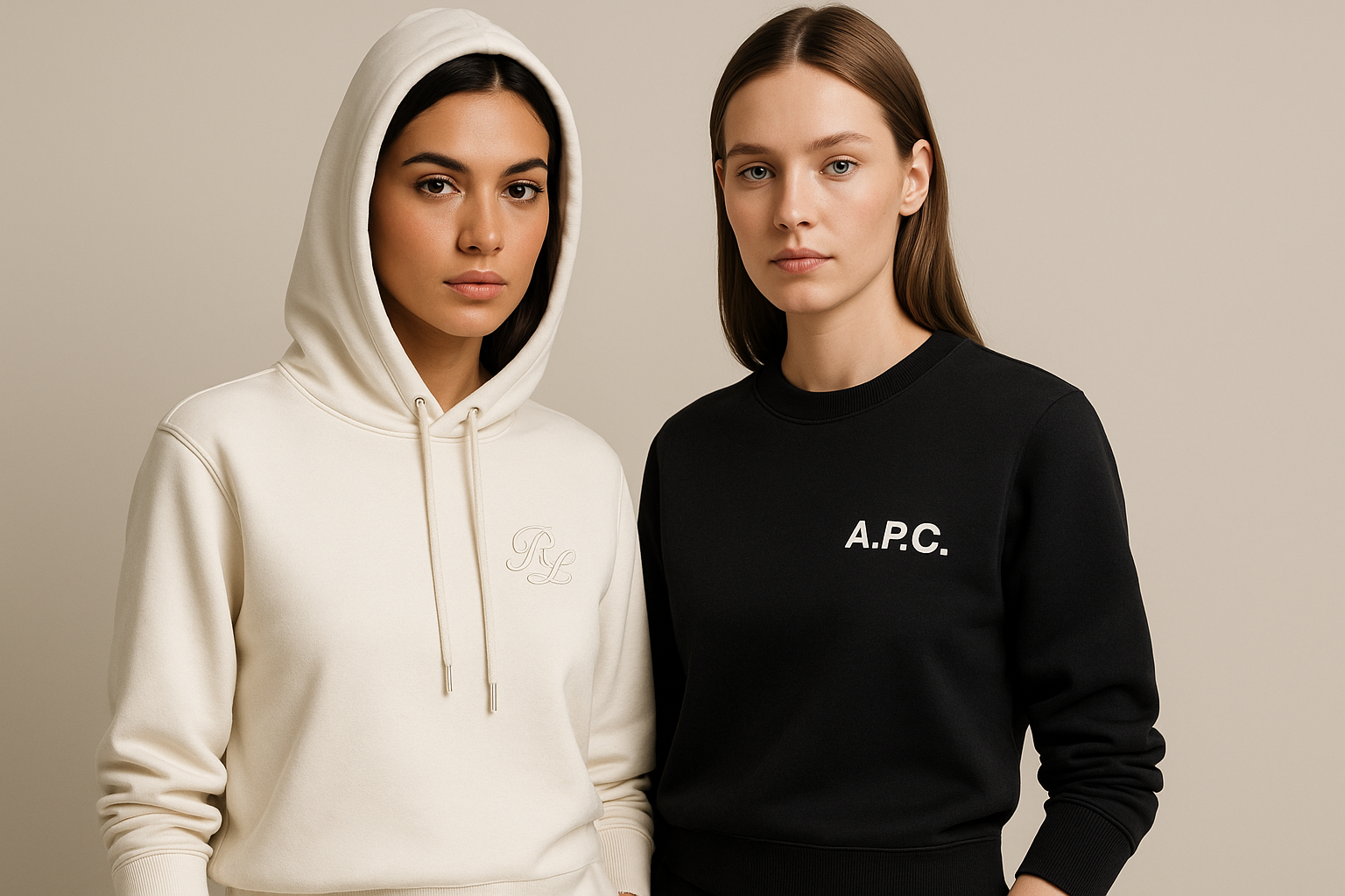 Create Hero Banner no text on banner. Two women one wearing a hoodie and another wearing a crewneck sweartshirt add a print logo on the sweatshirt left chest of sweatshirt company brand and a bran logo embroidery on the hoodie. Show quality sharp and garments looking luxury.