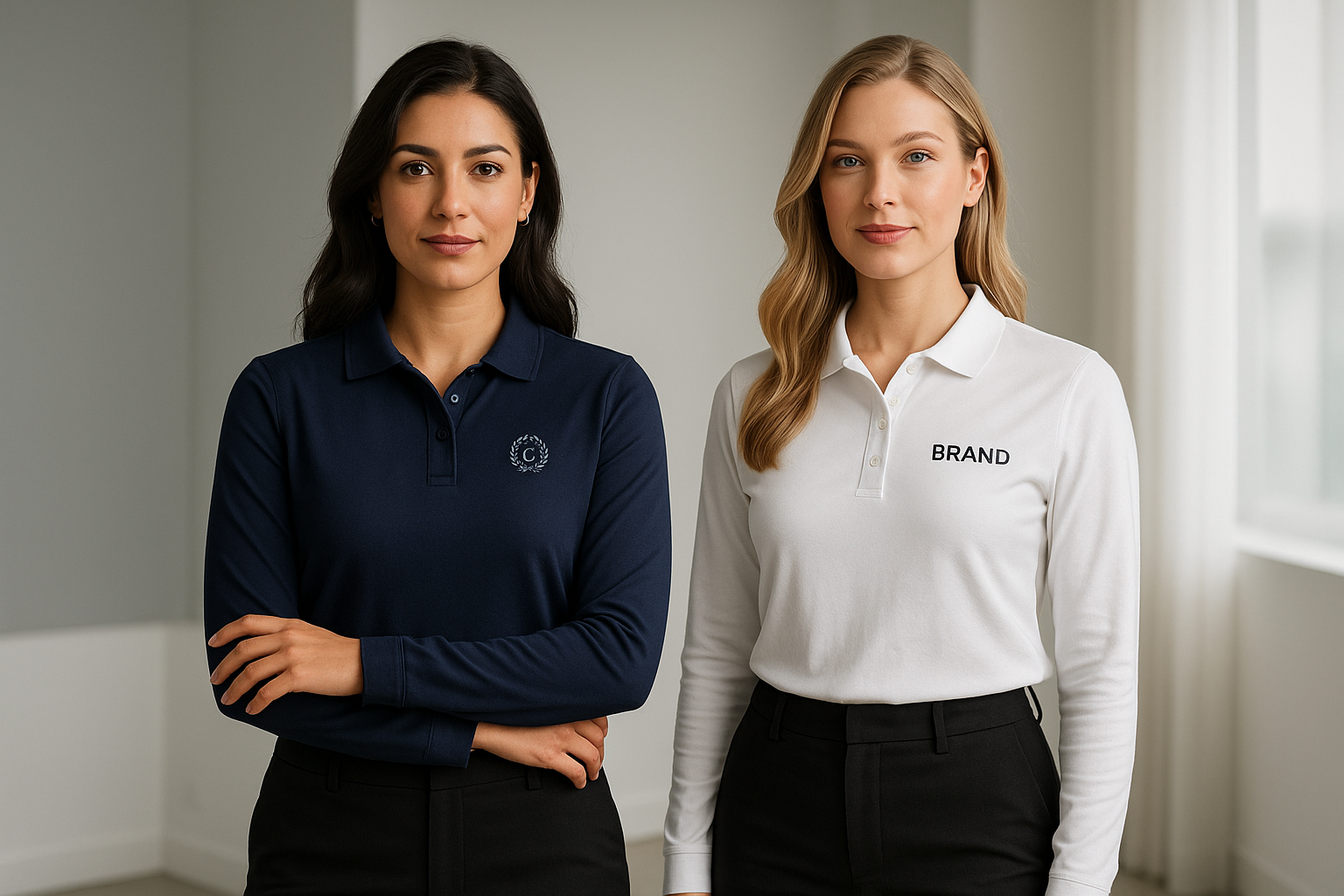 Create Hero Banner not text on banner. Show two women one wearing lon sleeve polo shirt and other wearing long sleeve polo shirt one with left chest embroidery and other with a left chest print of a brand