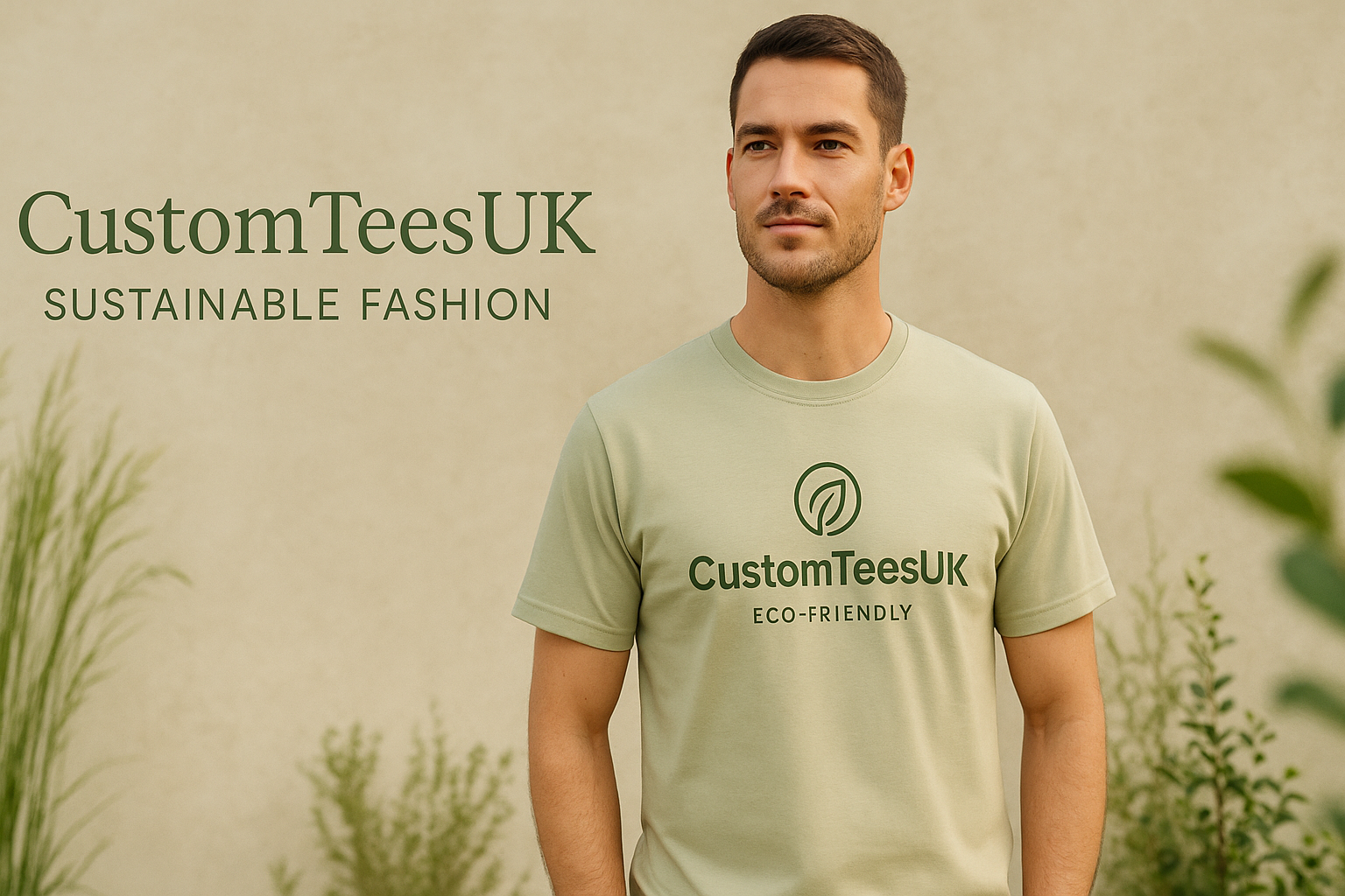 Create Hero banner with eco-friendly-t-shirts man wearing organic t-shirts with logo brand name eco friendly print