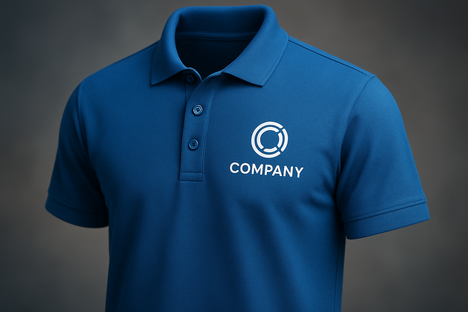 Blue polo shirt with a white printed logo on a dark grey background