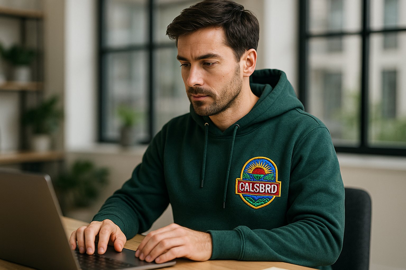 editorial banner. no text on background. show a man wearing a forest green hoodie lifestyle at work with a coloured brand badge embroidery, left chest good size showing hd details