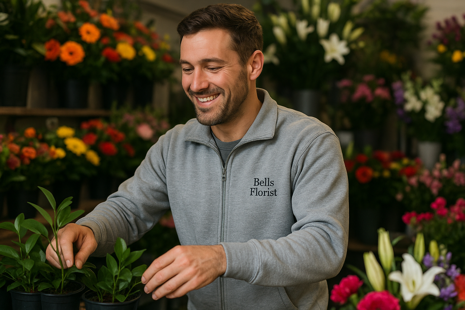 Man in a grey zip jacket with logo  'Bells Florist' left chest surrounded by flowers in a floral shop.