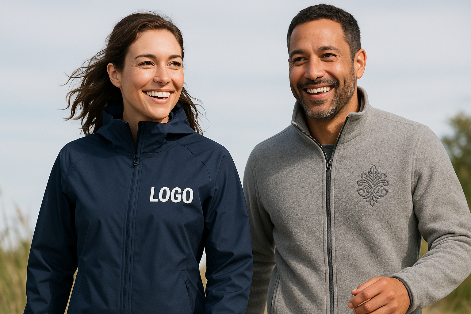 Lifestyle hero banner man women wearing shell jacket with printed logo and man wearing fleece jacket with embroidery design nice and sharp
