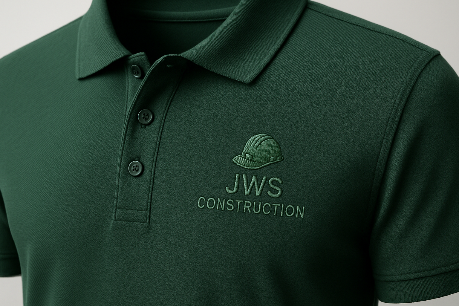 Forest green polo shirt with left chest embroidery logo JWS Construction 