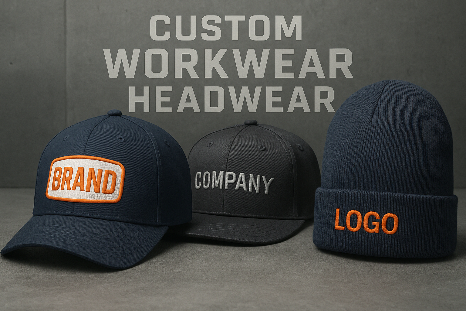 Create a hero banner for workwear hats caps, beanies with print on one cap brand, cap with embroidery logo and beanie with embroidery logo with great detail